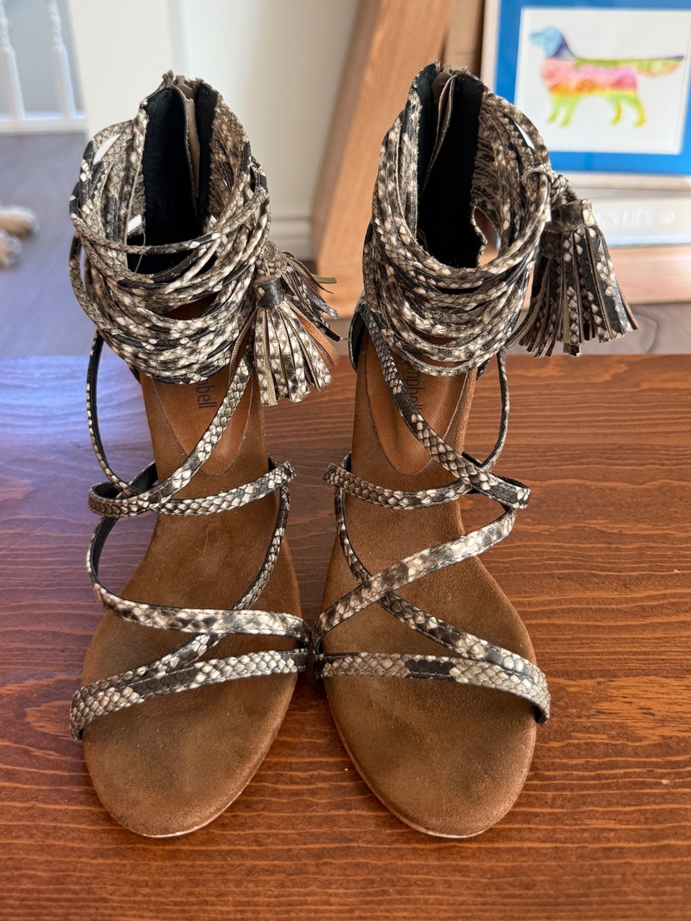 Jeffrey Campbell | Despina Tassel Wrap Block Heel Sandals | Snake Print | 7